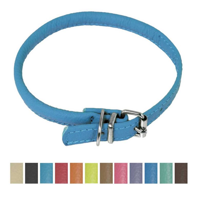 dogline round soft leather dog collar blue
