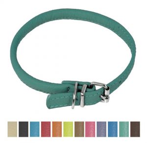 dogline round soft leather dog collar teal